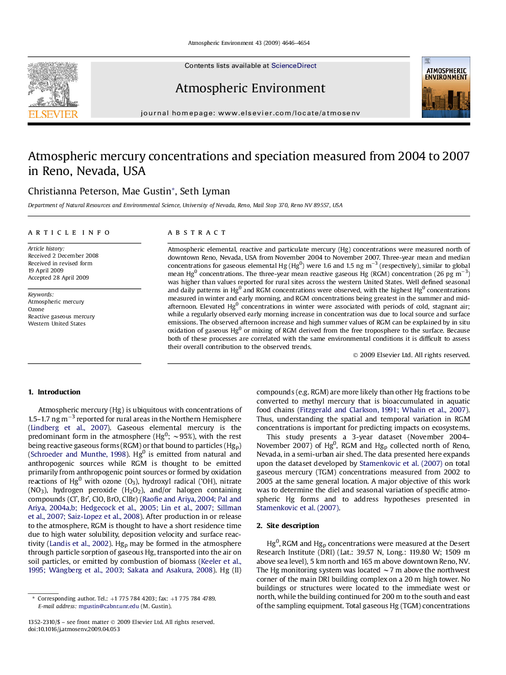 Atmospheric mercury concentrations and speciation measured from 2004 to 2007 in Reno, Nevada, USA