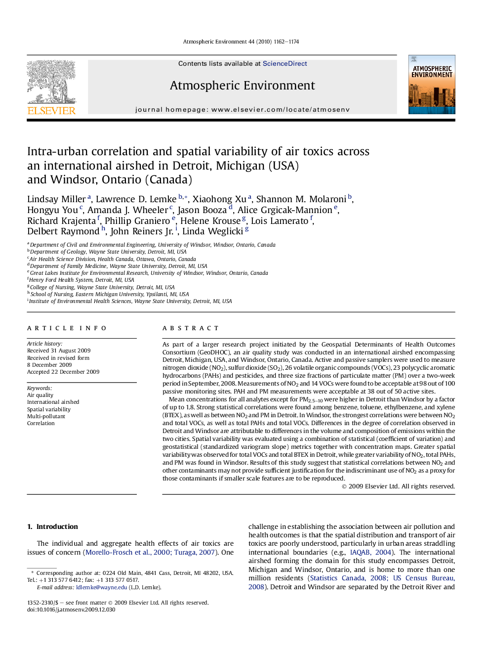 Intra-urban correlation and spatial variability of air toxics across an international airshed in Detroit, Michigan (USA) and Windsor, Ontario (Canada)