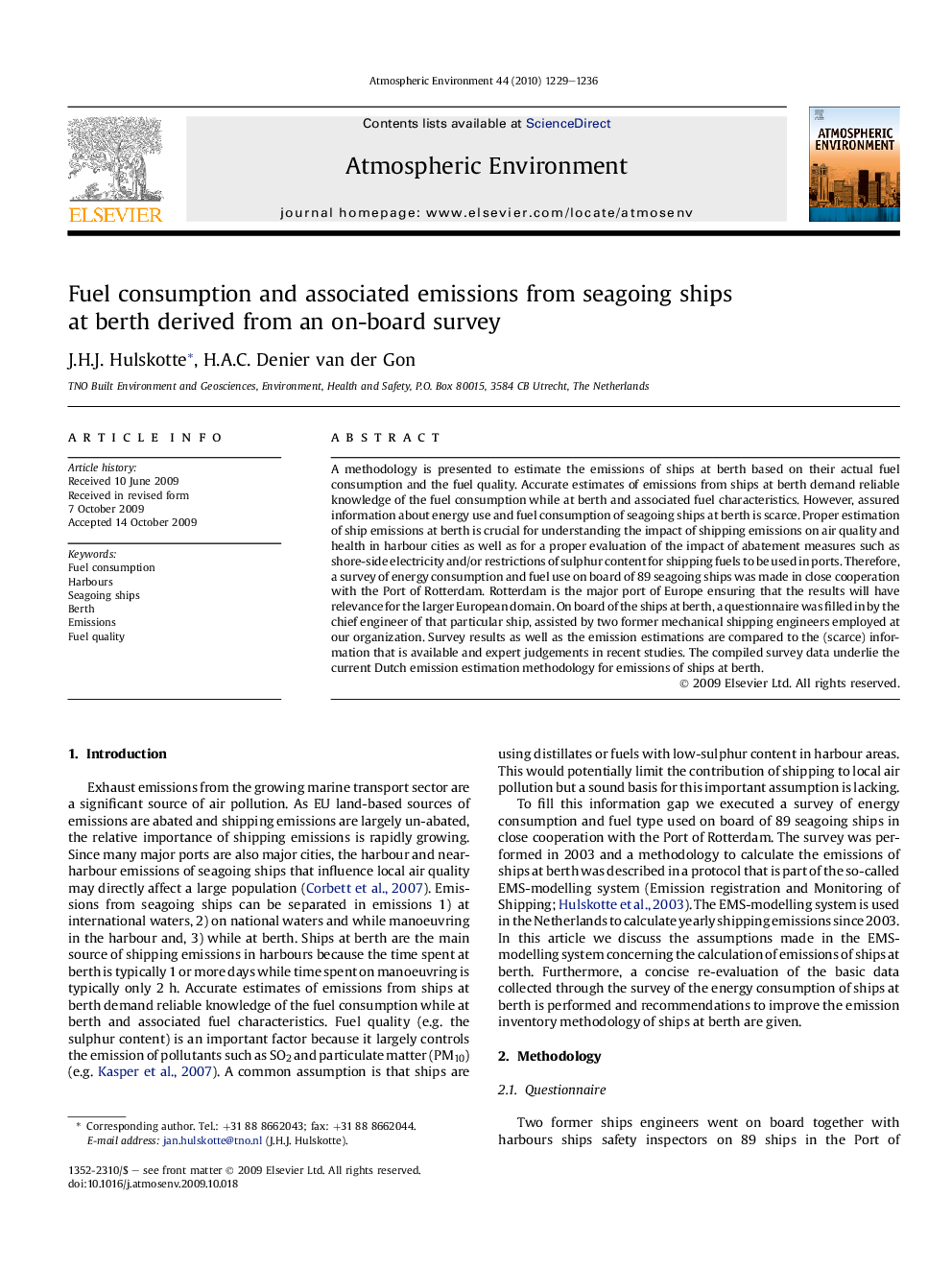 Fuel consumption and associated emissions from seagoing ships at berth derived from an on-board survey