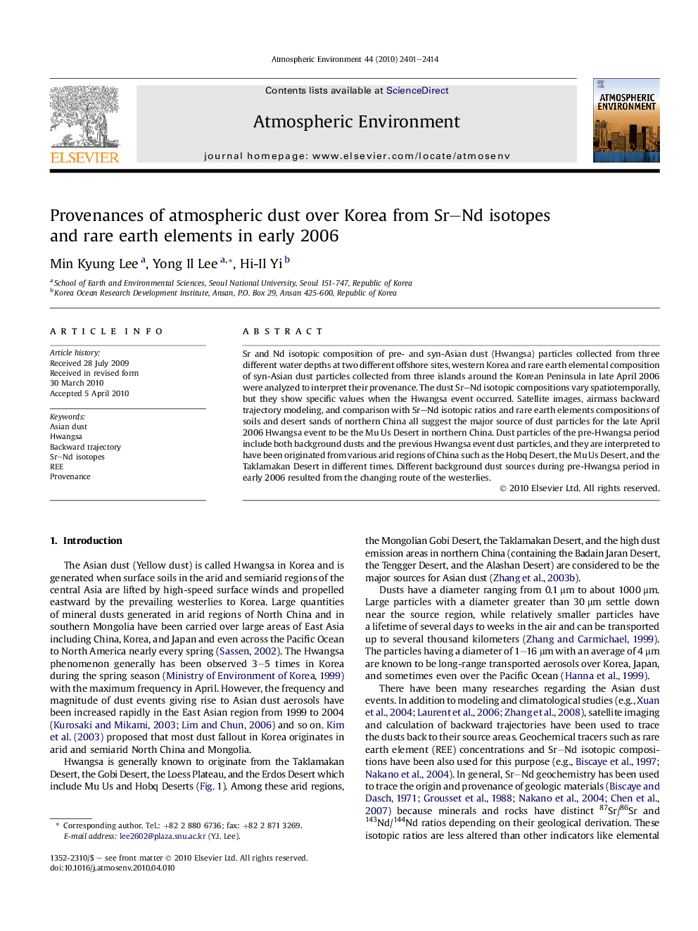 Provenances of atmospheric dust over Korea from Sr–Nd isotopes and rare earth elements in early 2006