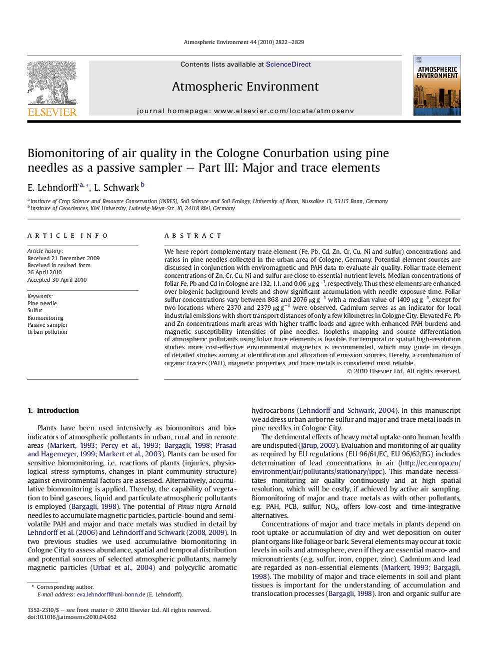 Biomonitoring of air quality in the Cologne Conurbation using pine needles as a passive sampler – Part III: Major and trace elements