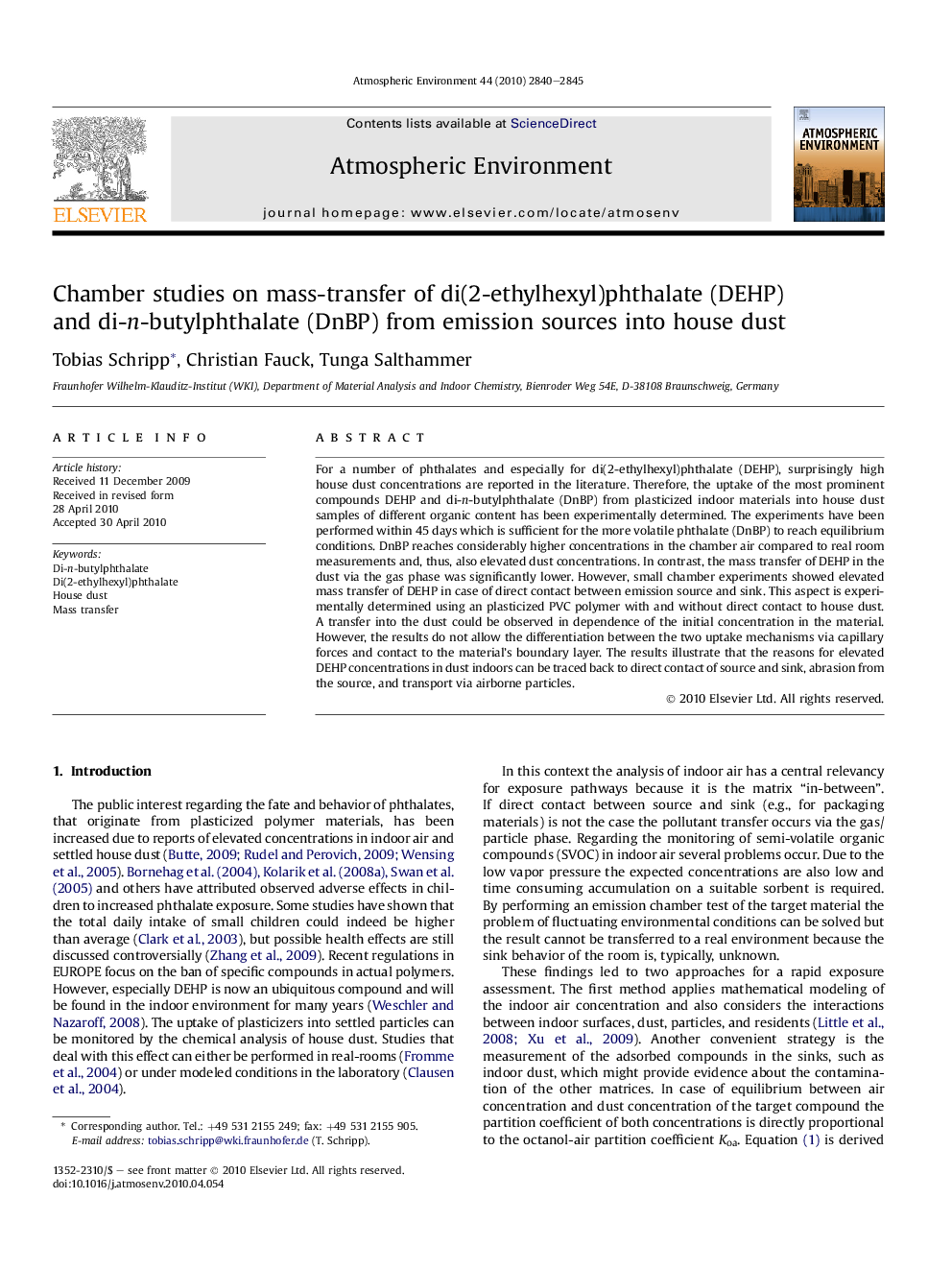 Chamber studies on mass-transfer of di(2-ethylhexyl)phthalate (DEHP) and di-n-butylphthalate (DnBP) from emission sources into house dust