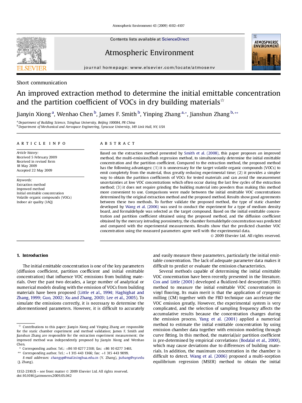 An improved extraction method to determine the initial emittable concentration and the partition coefficient of VOCs in dry building materials 