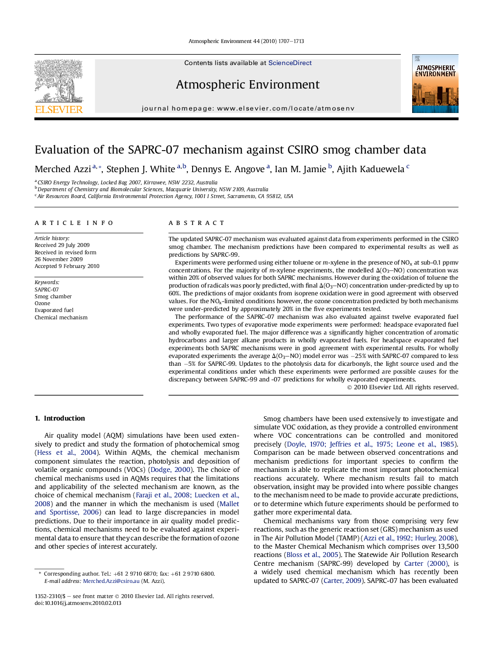 Evaluation of the SAPRC-07 mechanism against CSIRO smog chamber data