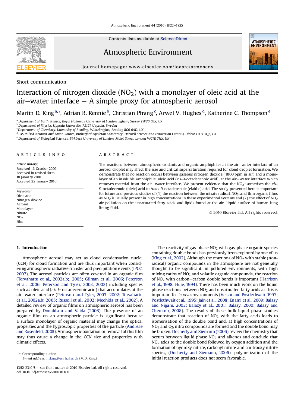 Interaction of nitrogen dioxide (NO2) with a monolayer of oleic acid at the air–water interface – A simple proxy for atmospheric aerosol