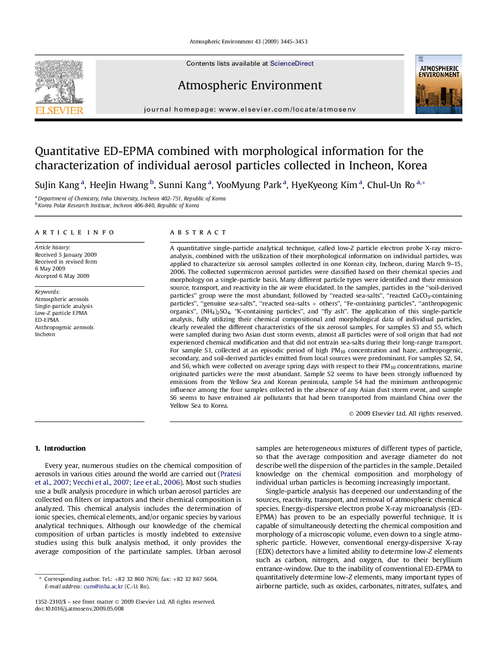 Quantitative ED-EPMA combined with morphological information for the characterization of individual aerosol particles collected in Incheon, Korea