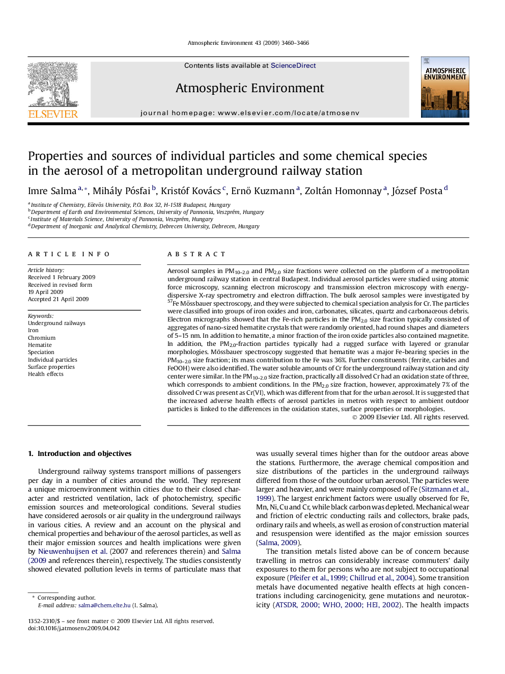 Properties and sources of individual particles and some chemical species in the aerosol of a metropolitan underground railway station