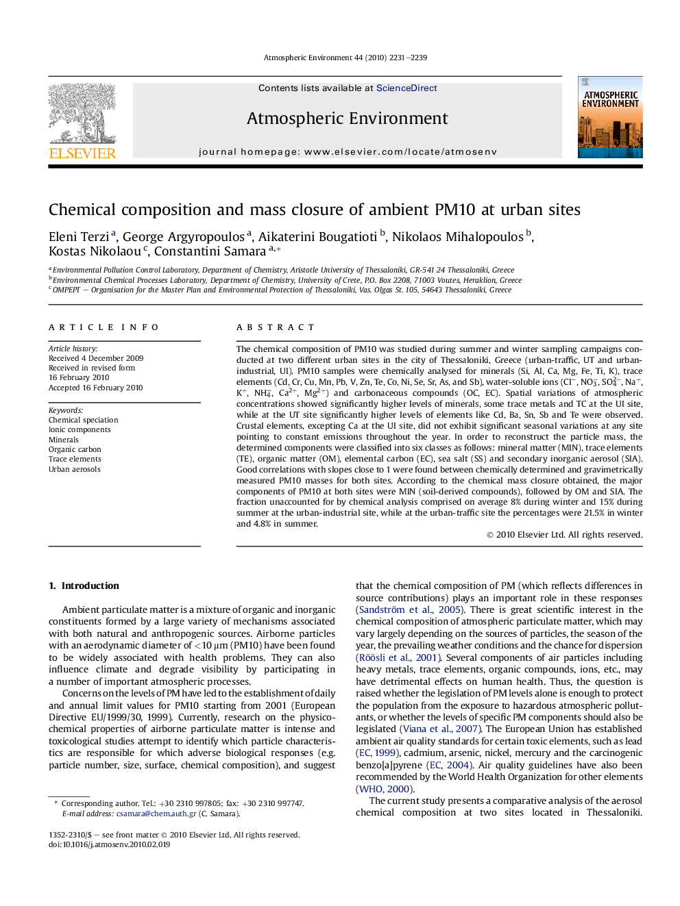 Chemical composition and mass closure of ambient PM10 at urban sites