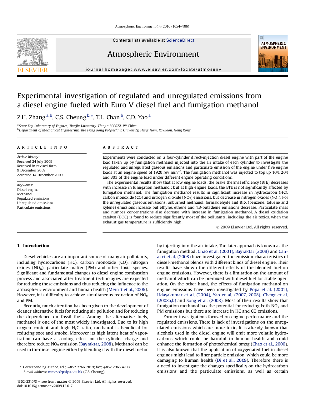 Experimental investigation of regulated and unregulated emissions from a diesel engine fueled with Euro V diesel fuel and fumigation methanol