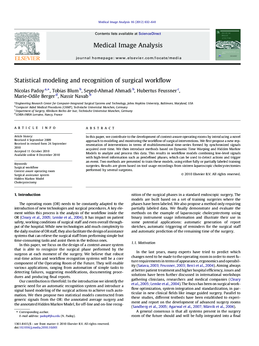 Statistical modeling and recognition of surgical workflow