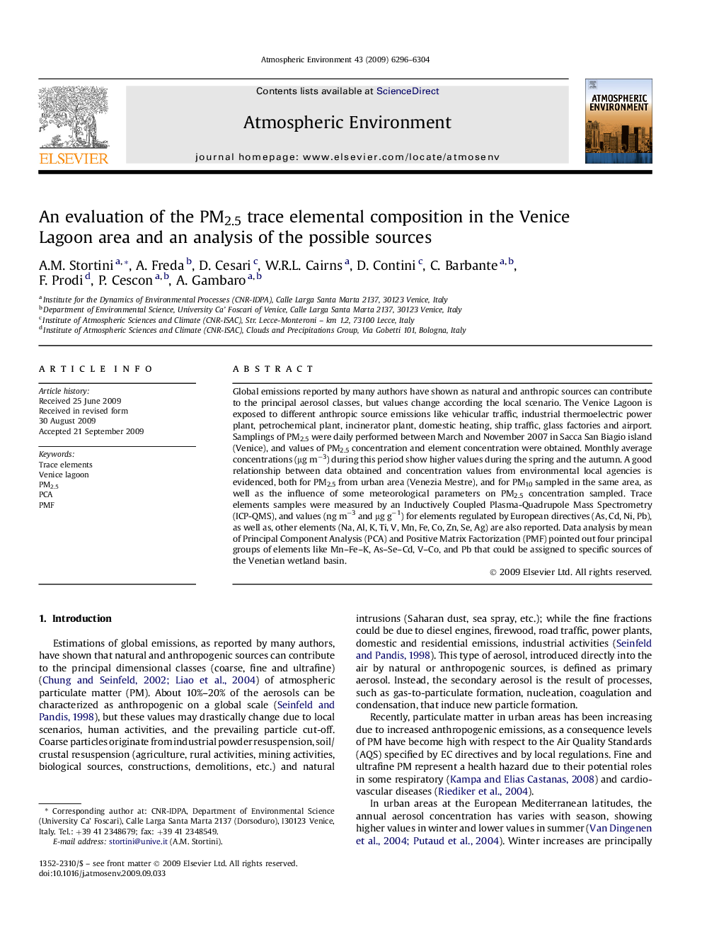 An evaluation of the PM2.5 trace elemental composition in the Venice Lagoon area and an analysis of the possible sources