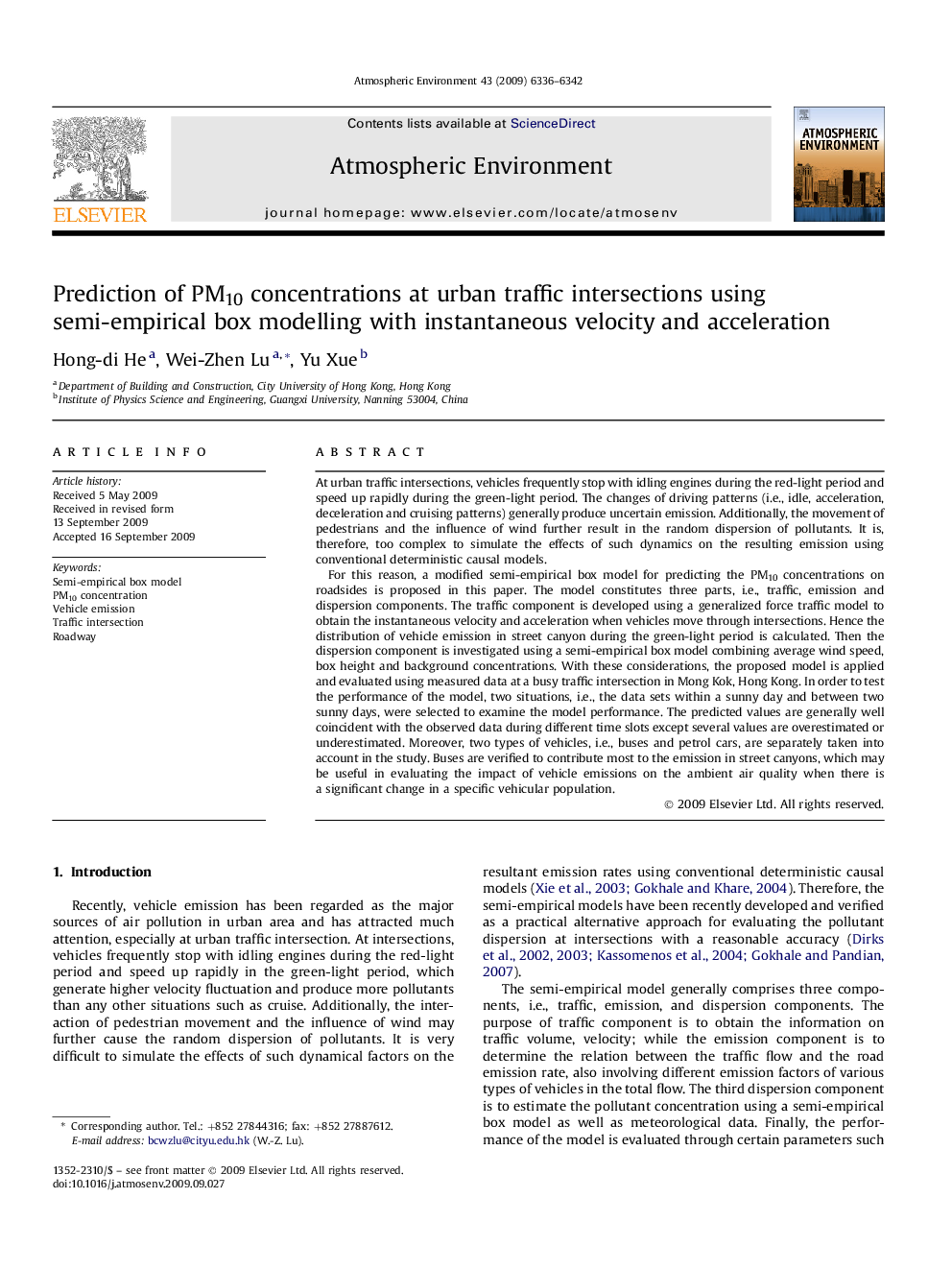 Prediction of PM10 concentrations at urban traffic intersections using semi-empirical box modelling with instantaneous velocity and acceleration