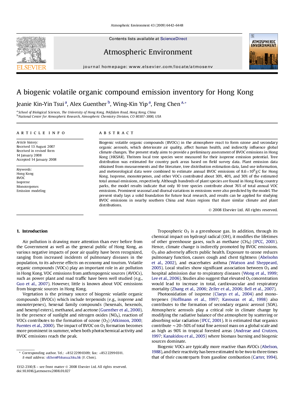 A biogenic volatile organic compound emission inventory for Hong Kong