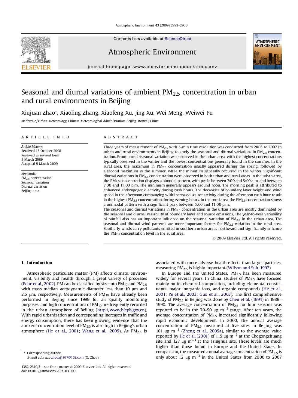 Seasonal and diurnal variations of ambient PM2.5 concentration in urban and rural environments in Beijing