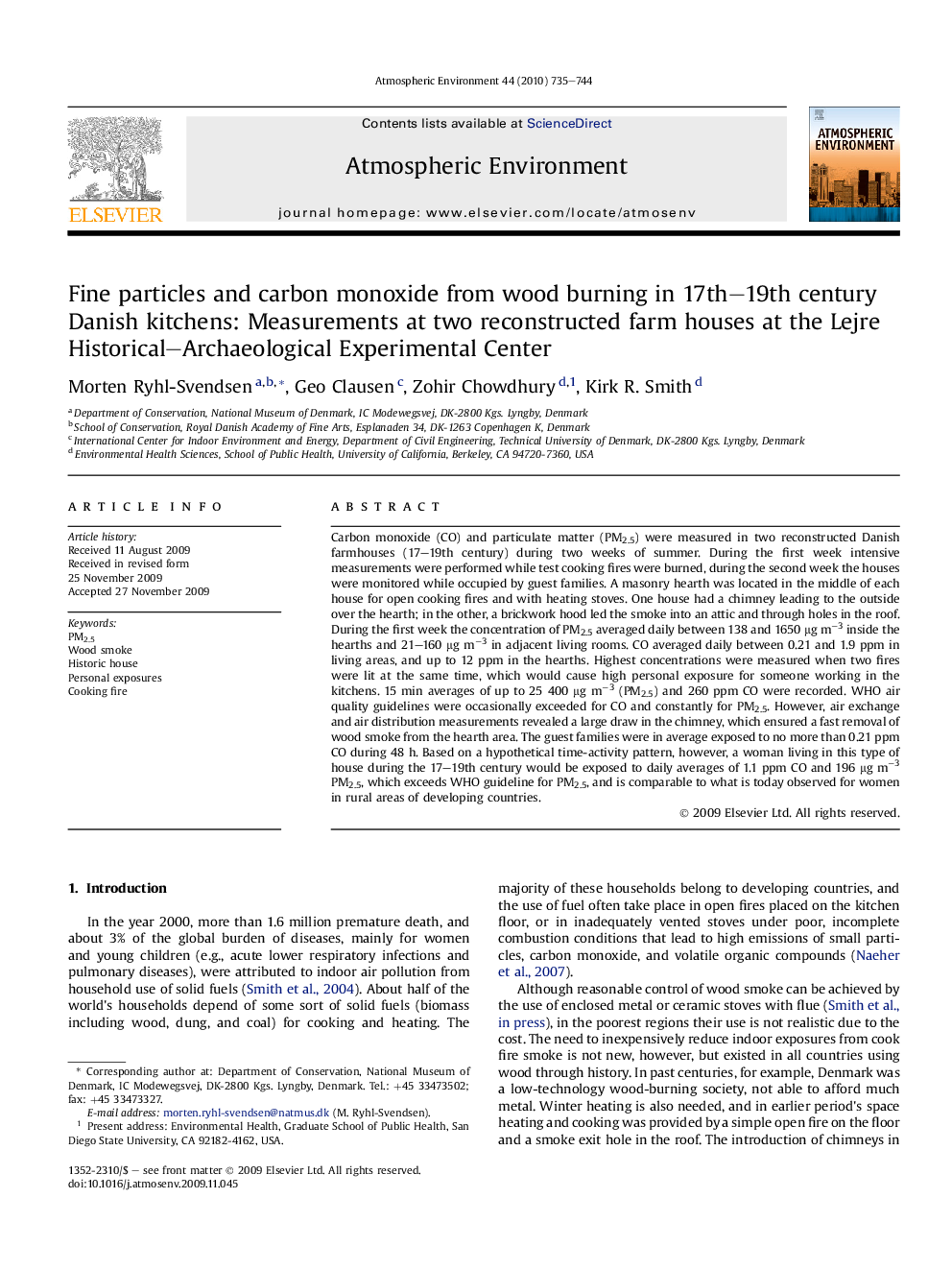 Fine particles and carbon monoxide from wood burning in 17th–19th century Danish kitchens: Measurements at two reconstructed farm houses at the Lejre Historical–Archaeological Experimental Center