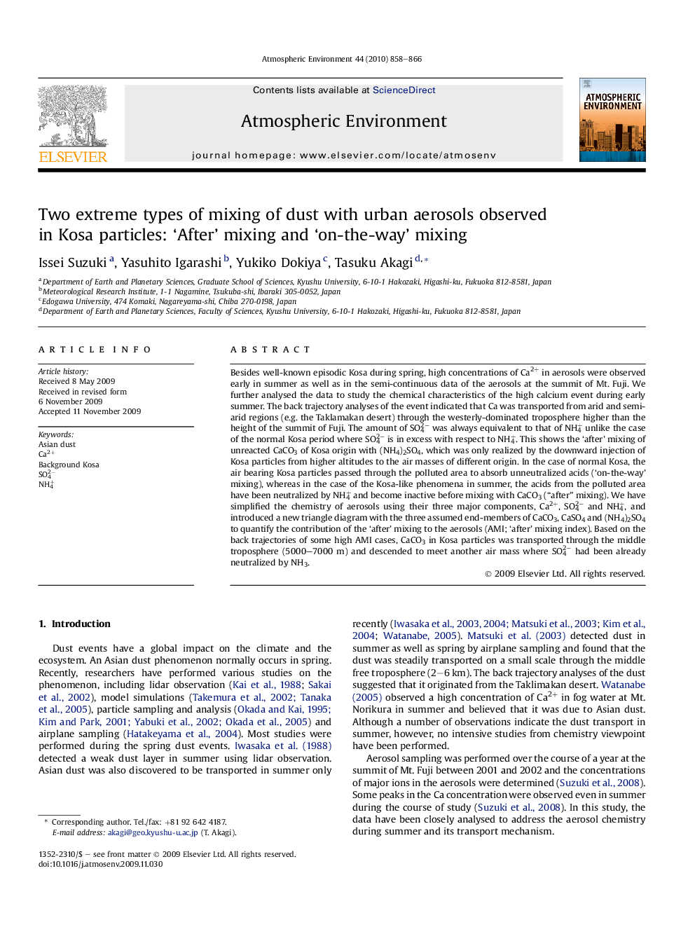 Two extreme types of mixing of dust with urban aerosols observed in Kosa particles: ‘After’ mixing and ‘on-the-way’ mixing