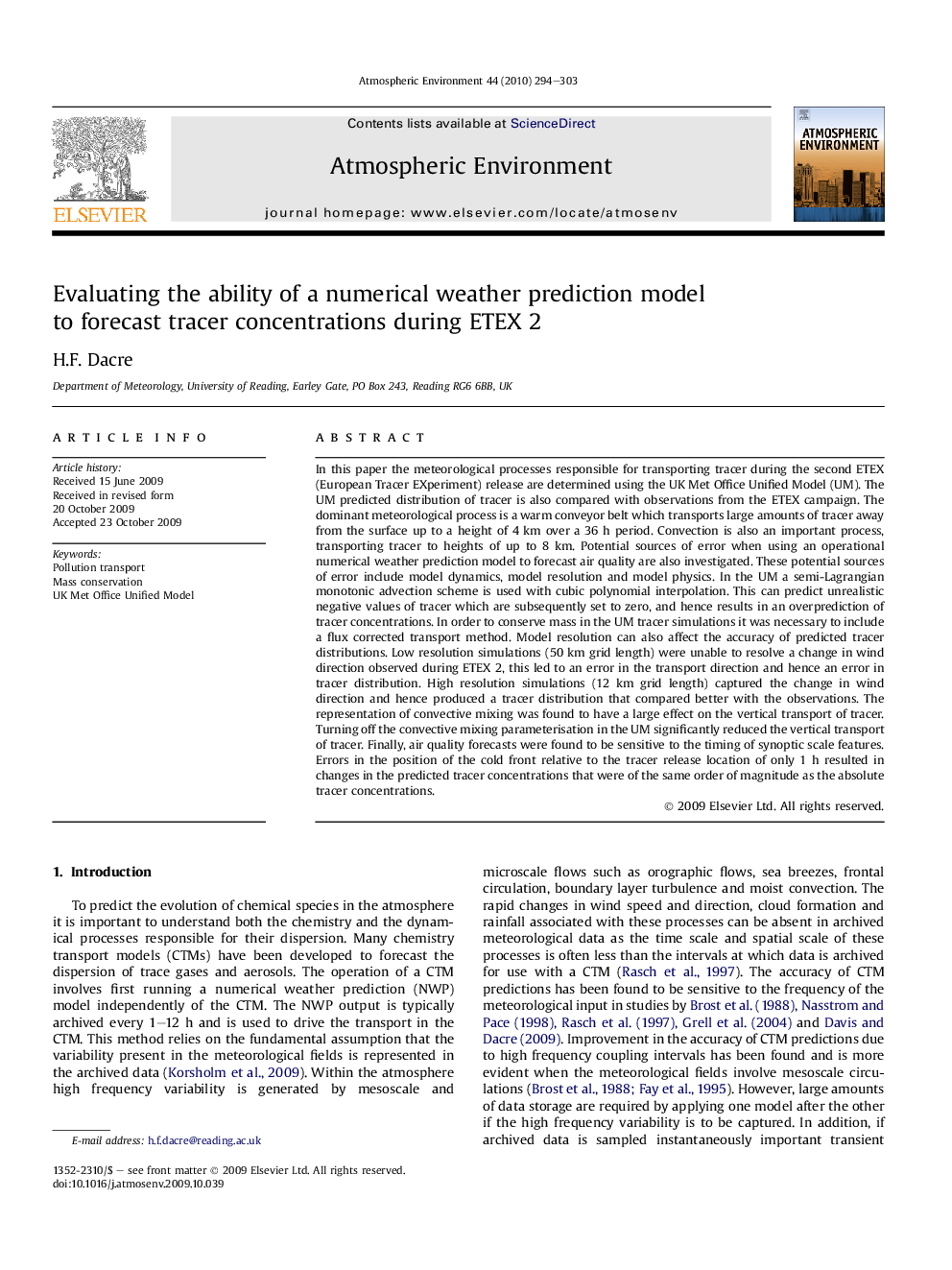 Evaluating the ability of a numerical weather prediction model to forecast tracer concentrations during ETEX 2