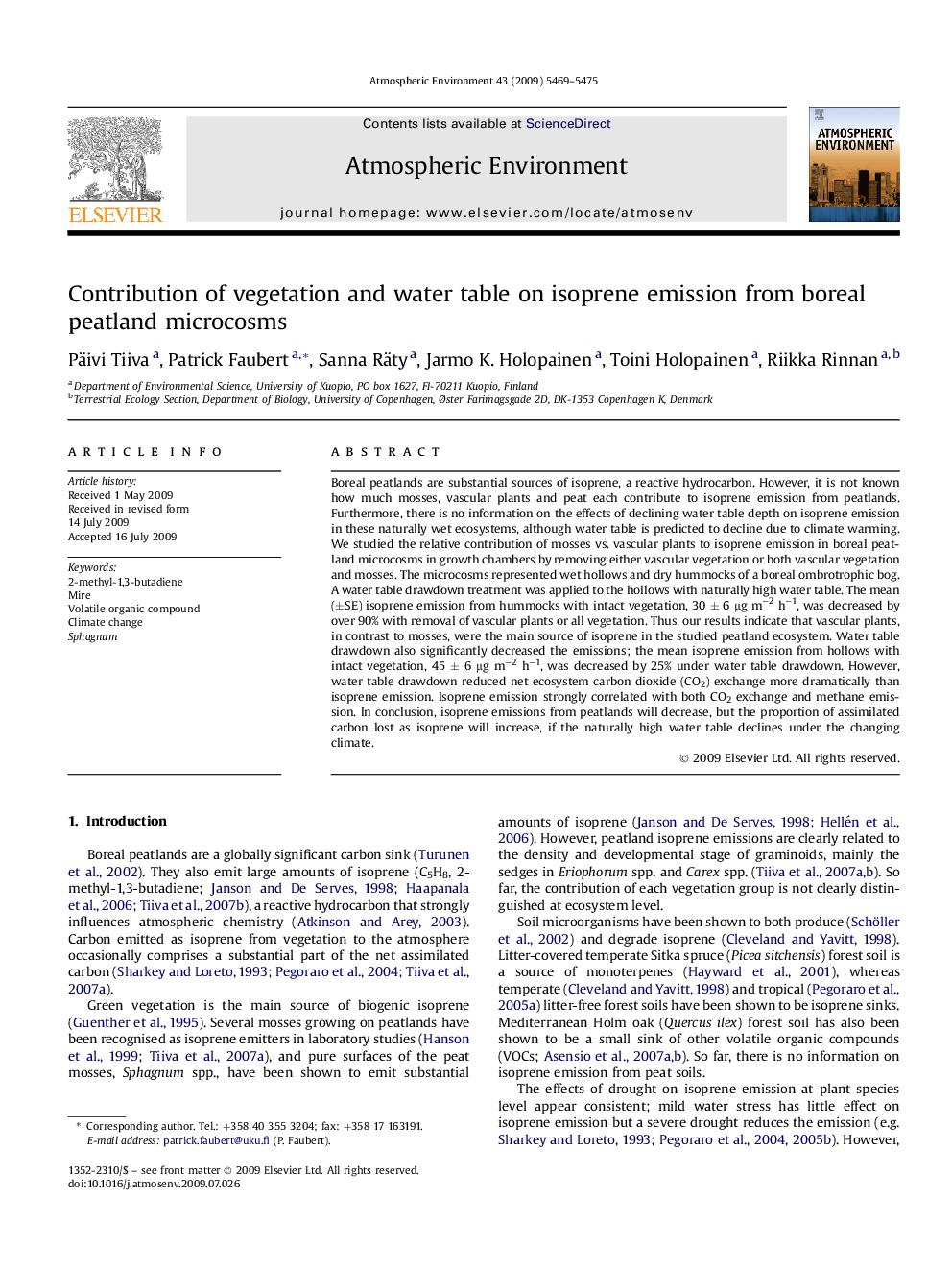 Contribution of vegetation and water table on isoprene emission from boreal peatland microcosms