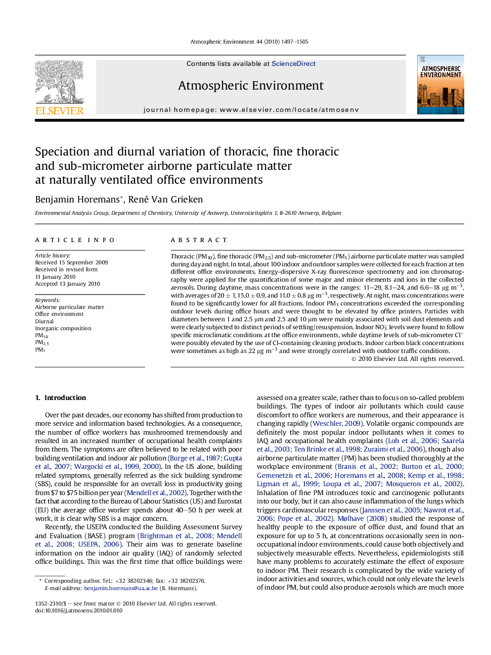 Speciation and diurnal variation of thoracic, fine thoracic and sub-micrometer airborne particulate matter at naturally ventilated office environments