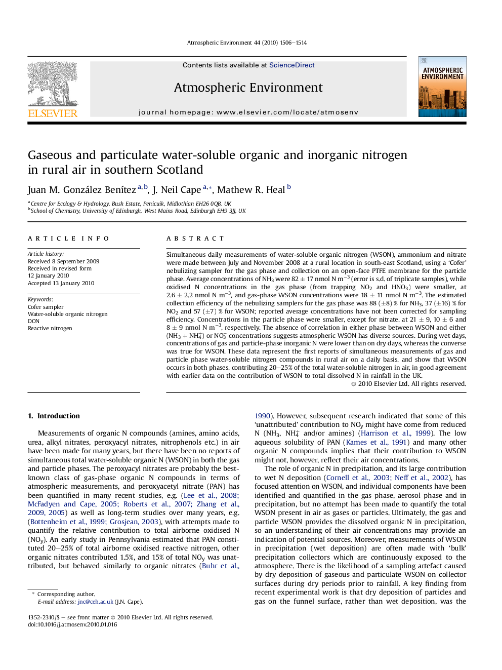 Gaseous and particulate water-soluble organic and inorganic nitrogen in rural air in southern Scotland