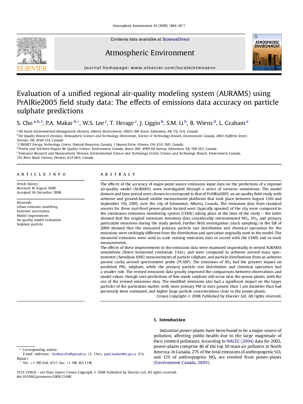 Evaluation of a unified regional air-quality modeling system (AURAMS) using PrAIRie2005 field study data: The effects of emissions data accuracy on particle sulphate predictions