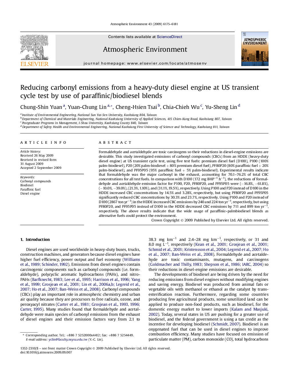 Reducing carbonyl emissions from a heavy-duty diesel engine at US transient cycle test by use of paraffinic/biodiesel blends