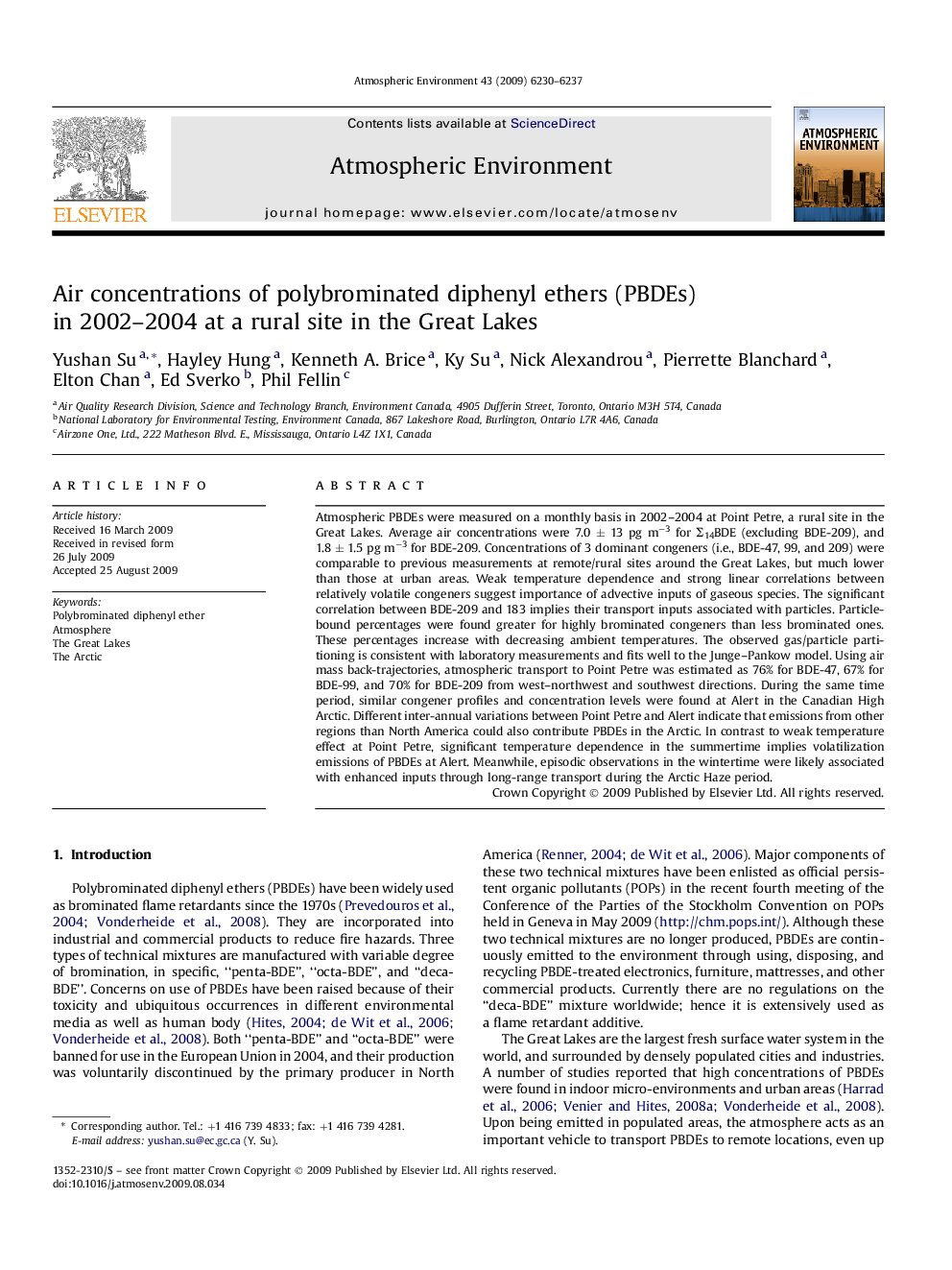 Air concentrations of polybrominated diphenyl ethers (PBDEs) in 2002–2004 at a rural site in the Great Lakes