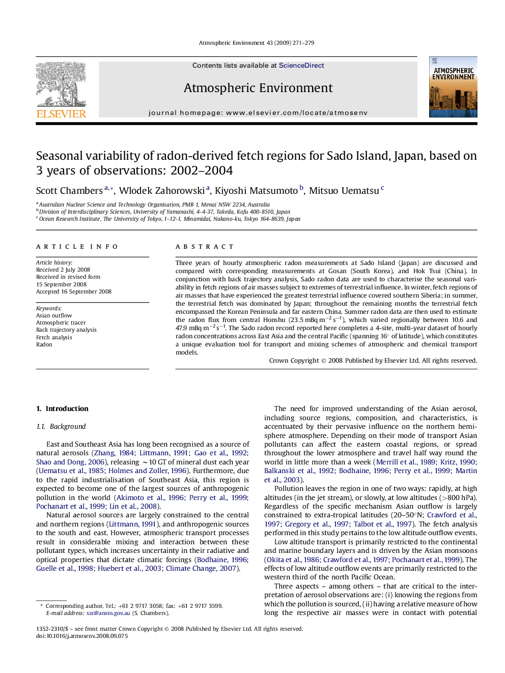 Seasonal variability of radon-derived fetch regions for Sado Island, Japan, based on 3 years of observations: 2002–2004