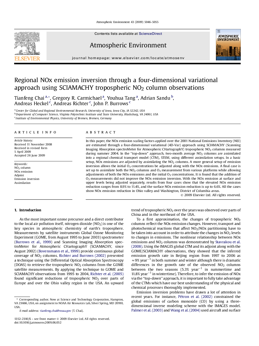 Regional NOx emission inversion through a four-dimensional variational approach using SCIAMACHY tropospheric NO2 column observations