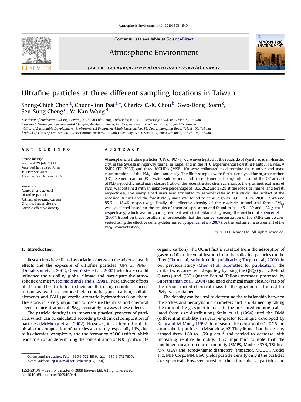 Ultrafine particles at three different sampling locations in Taiwan