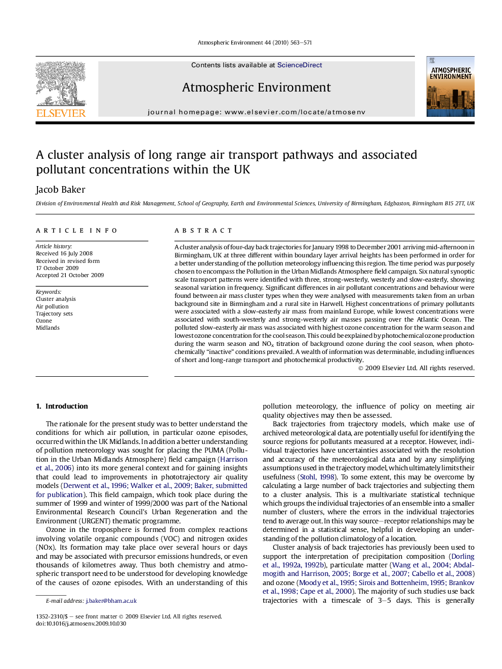 A cluster analysis of long range air transport pathways and associated pollutant concentrations within the UK