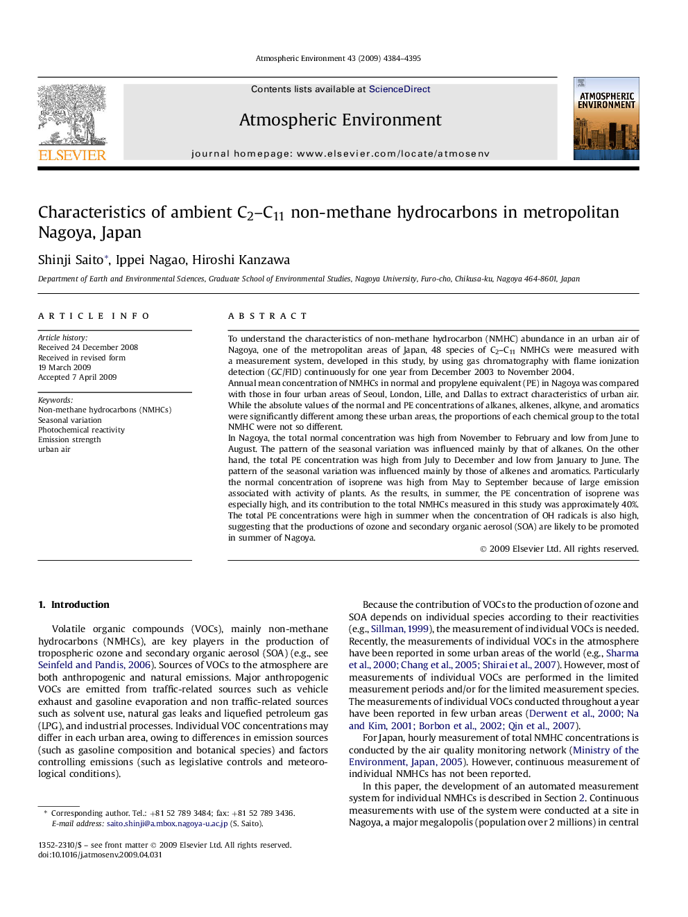 Characteristics of ambient C2–C11 non-methane hydrocarbons in metropolitan Nagoya, Japan