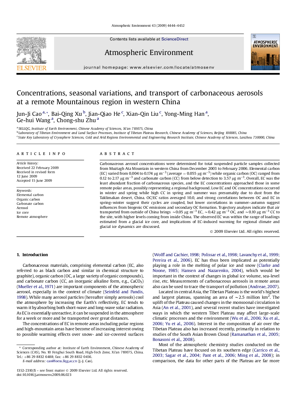 Concentrations, seasonal variations, and transport of carbonaceous aerosols at a remote Mountainous region in western China