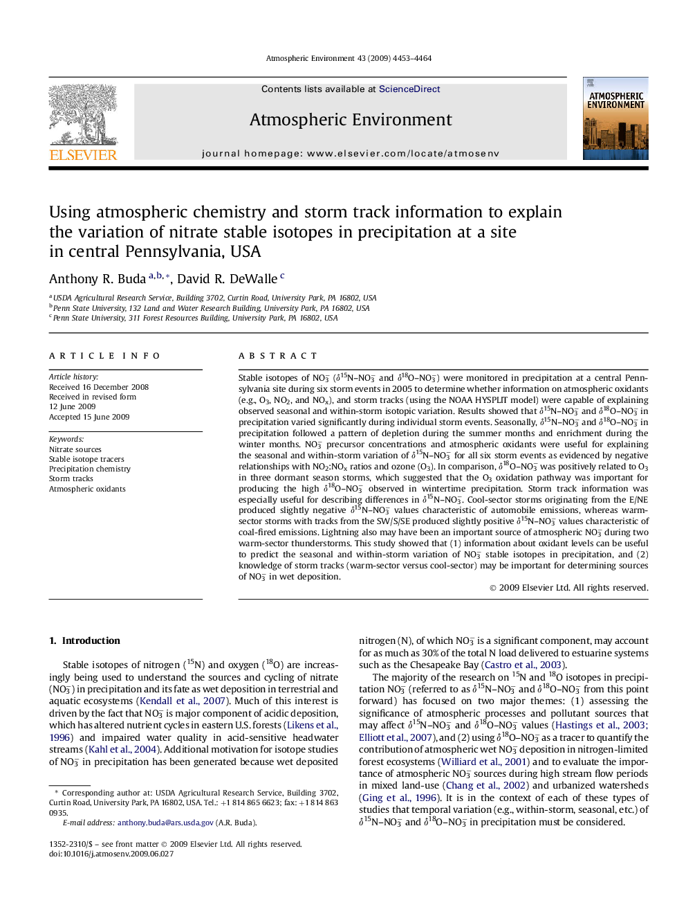 Using atmospheric chemistry and storm track information to explain the variation of nitrate stable isotopes in precipitation at a site in central Pennsylvania, USA