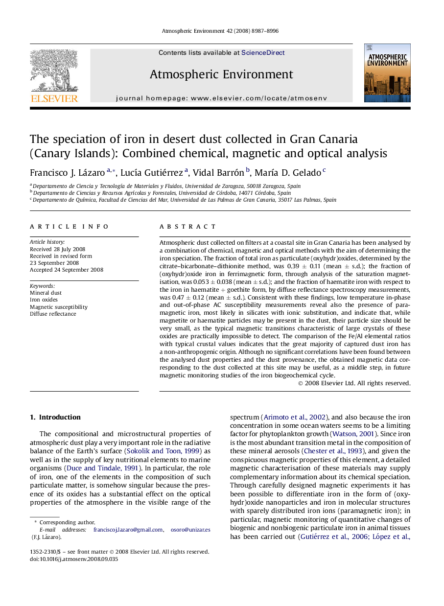 The speciation of iron in desert dust collected in Gran Canaria (Canary Islands): Combined chemical, magnetic and optical analysis