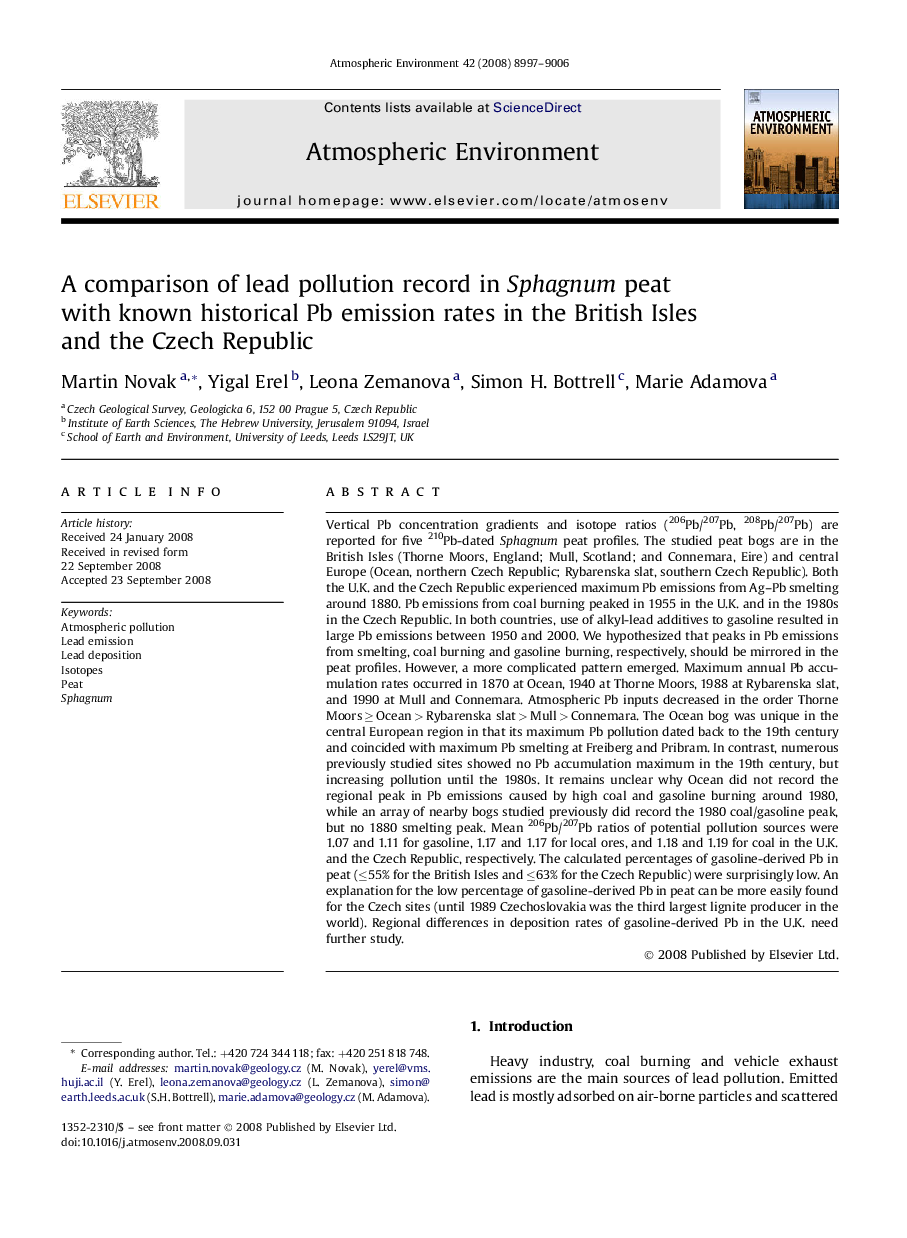 A comparison of lead pollution record in Sphagnum peat with known historical Pb emission rates in the British Isles and the Czech Republic