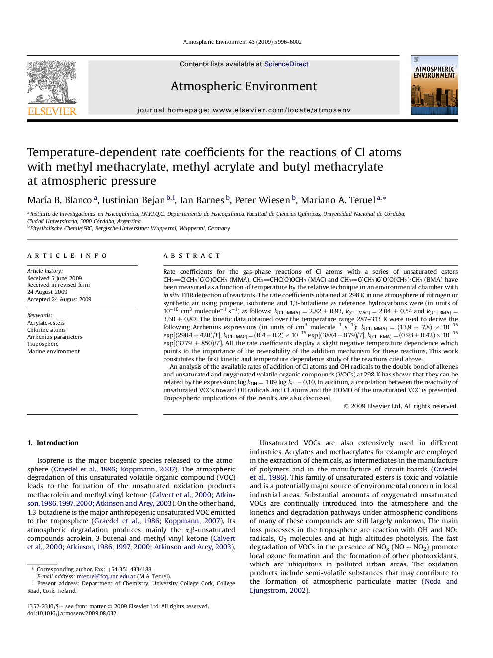 Temperature-dependent rate coefficients for the reactions of Cl atoms with methyl methacrylate, methyl acrylate and butyl methacrylate at atmospheric pressure