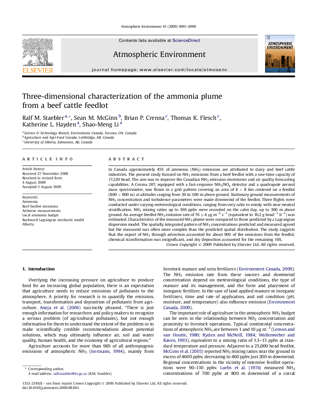 Three-dimensional characterization of the ammonia plume from a beef cattle feedlot