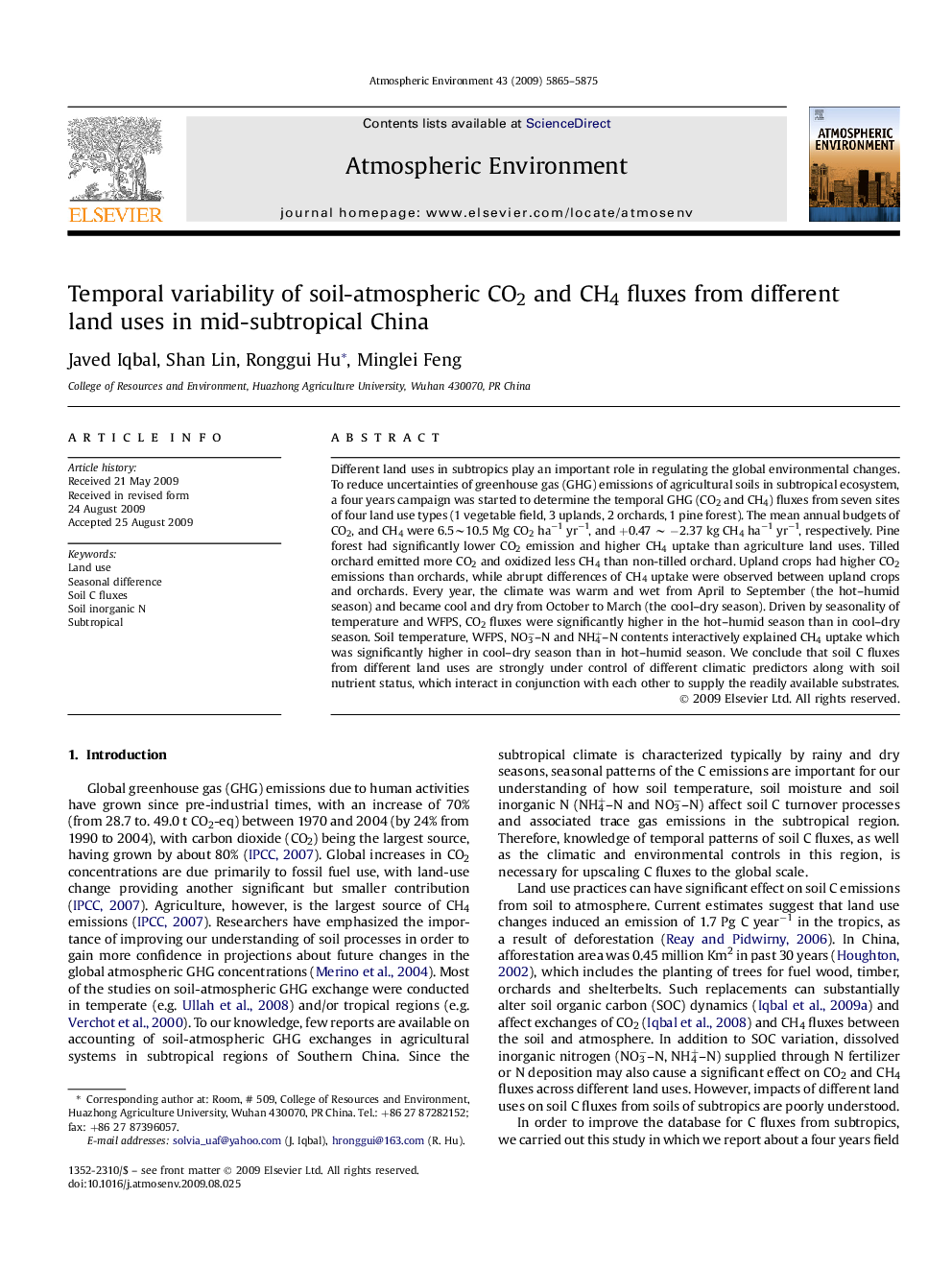 Temporal variability of soil-atmospheric CO2 and CH4 fluxes from different land uses in mid-subtropical China