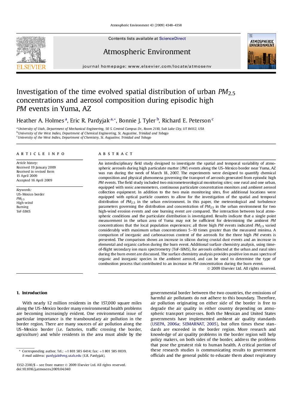 عکس صفحه اول مقاله: Investigation of the time evolved spatial distribution of urban PM2.5 concentrations and aerosol composition during episodic high PM events in Yuma, AZ Investigation of the time evolved spatial distribution of urban PM2.5 concentrations and aerosol composition during episodic high PM events in Yuma, AZ