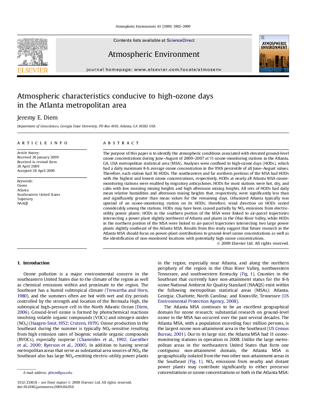 Atmospheric characteristics conducive to high-ozone days in the Atlanta metropolitan area