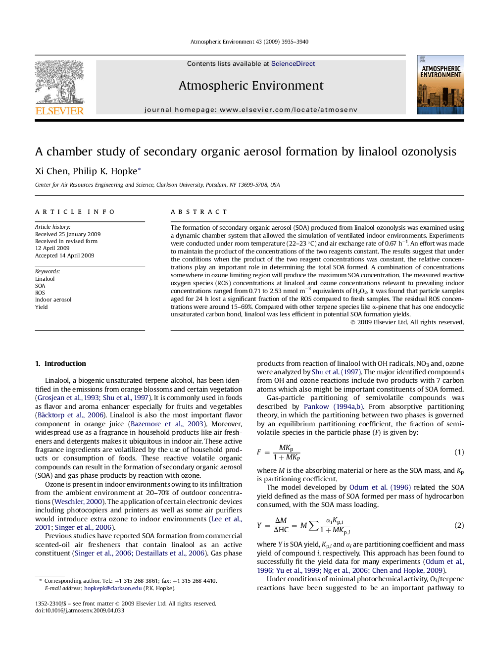 A chamber study of secondary organic aerosol formation by linalool ozonolysis