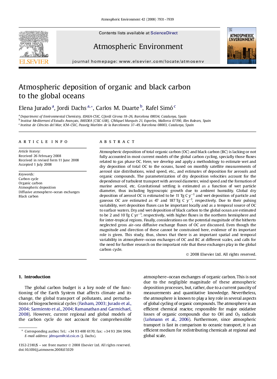 Atmospheric deposition of organic and black carbon to the global oceans