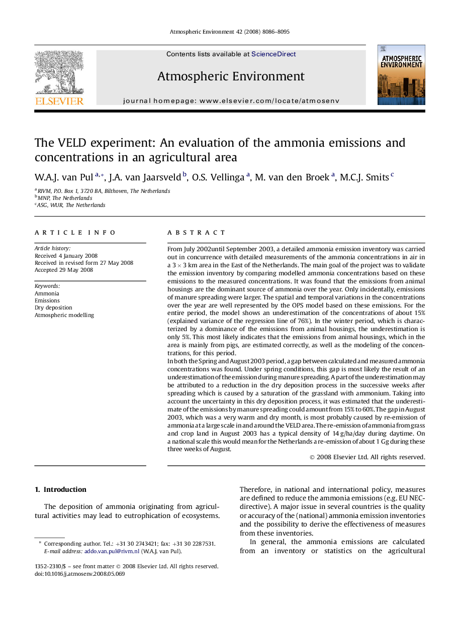 The VELD experiment: An evaluation of the ammonia emissions and concentrations in an agricultural area