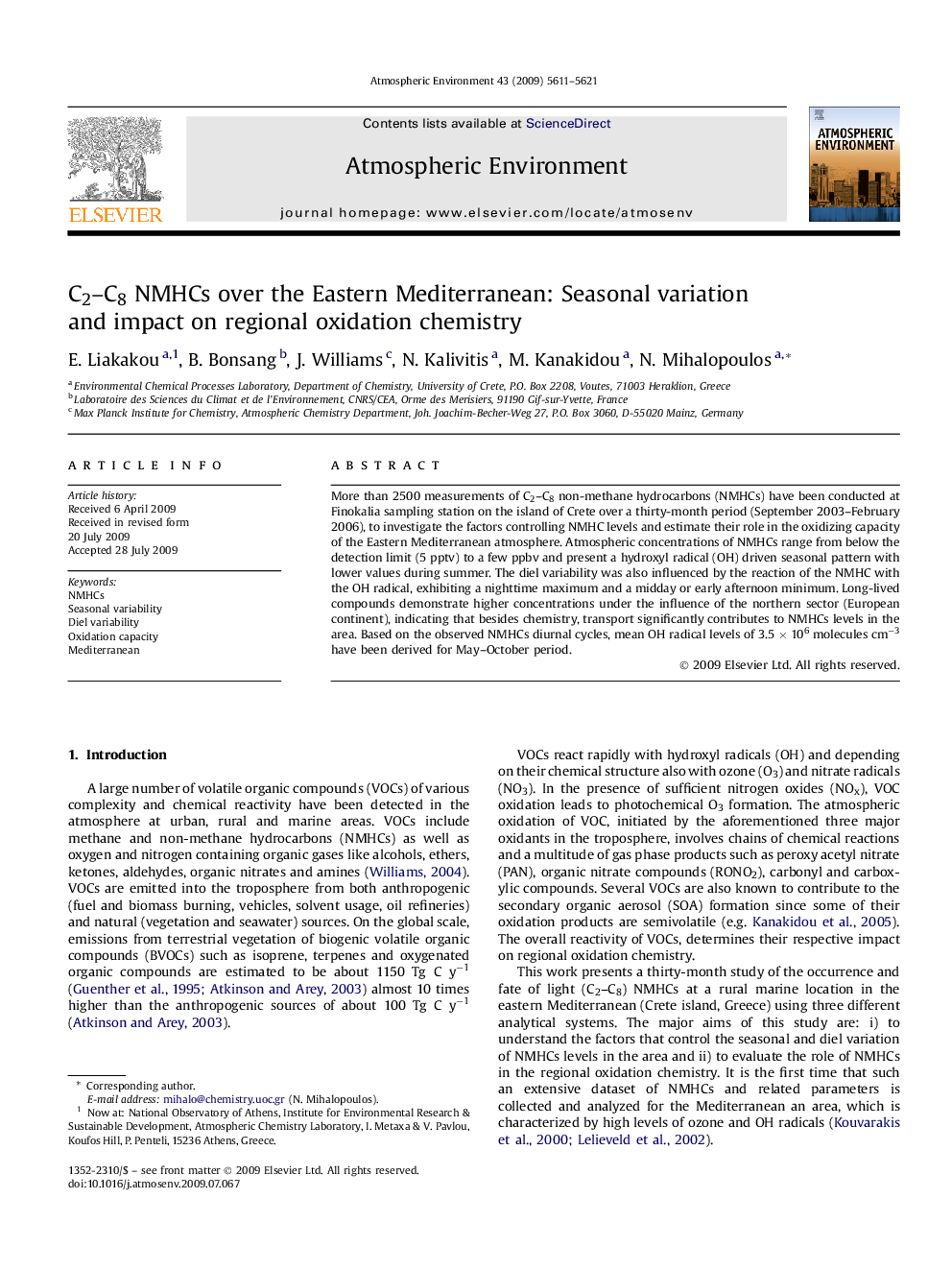 C2–C8 NMHCs over the Eastern Mediterranean: Seasonal variation and impact on regional oxidation chemistry