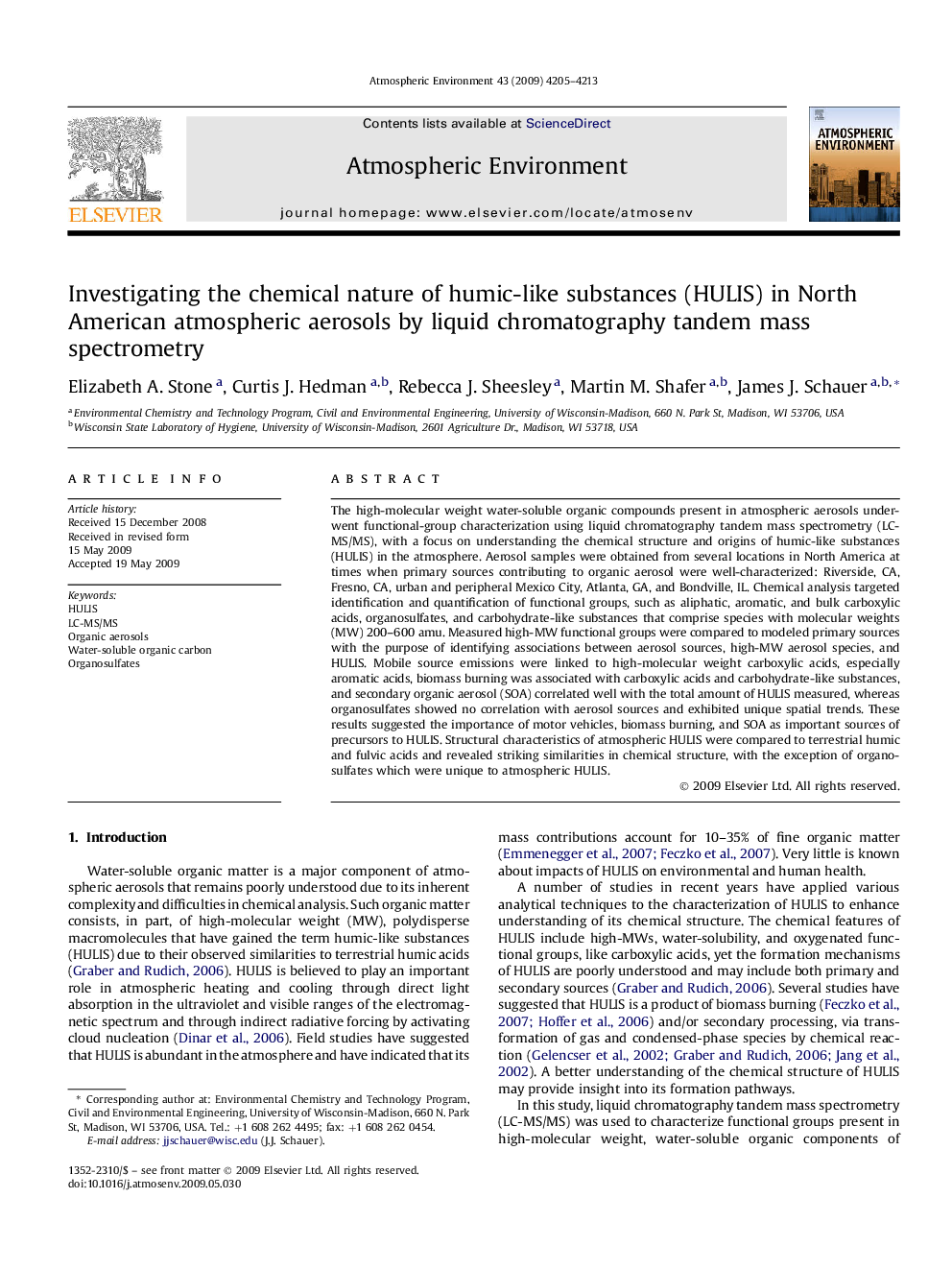 Investigating the chemical nature of humic-like substances (HULIS) in North American atmospheric aerosols by liquid chromatography tandem mass spectrometry