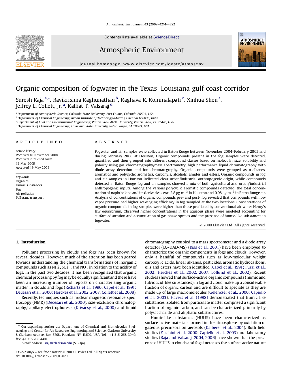 Organic composition of fogwater in the Texas–Louisiana gulf coast corridor