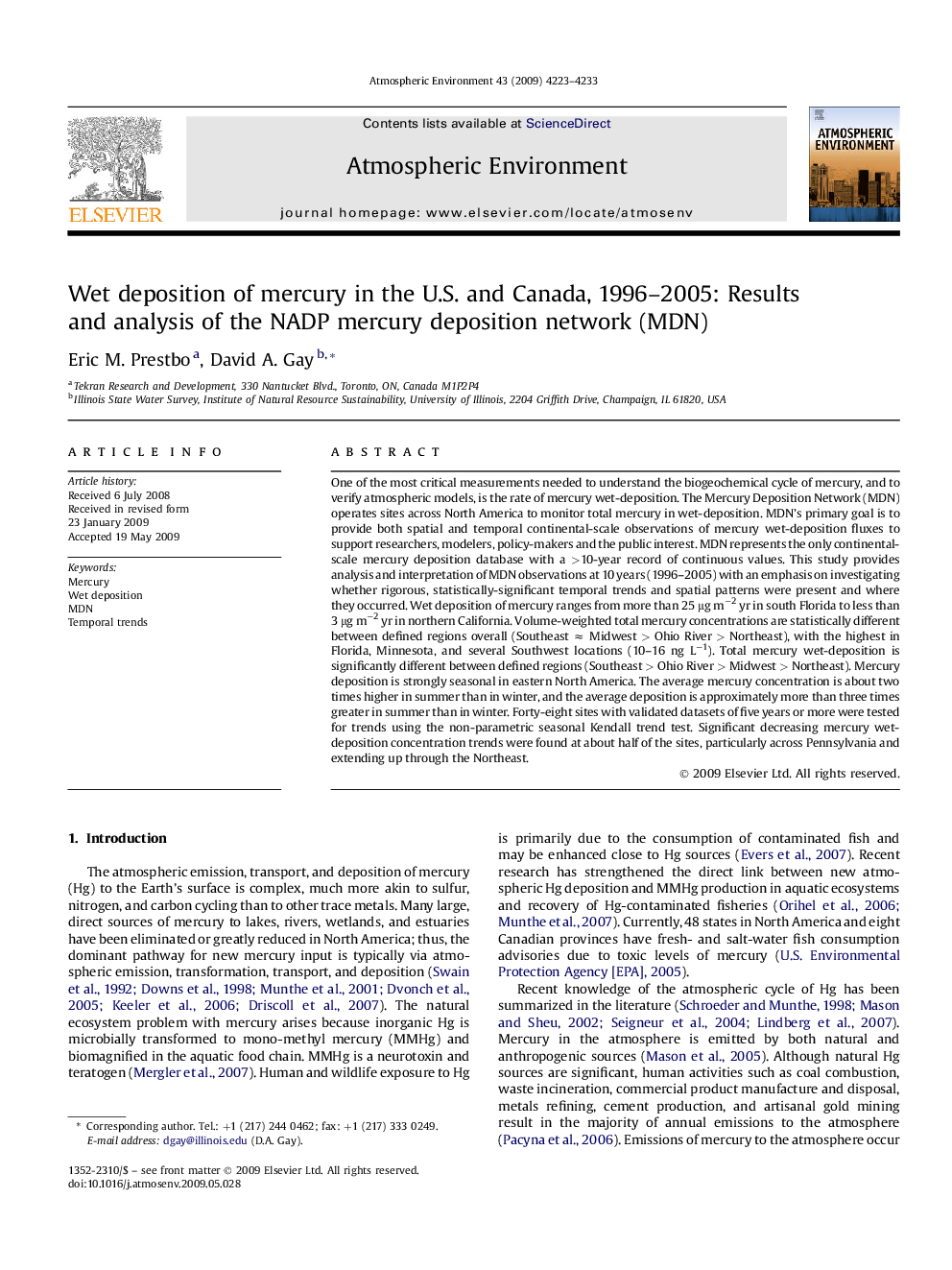 Wet deposition of mercury in the U.S. and Canada, 1996–2005: Results and analysis of the NADP mercury deposition network (MDN)