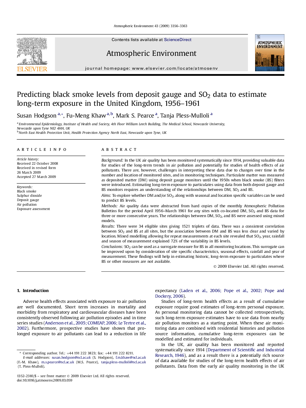 Predicting black smoke levels from deposit gauge and SO2 data to estimate long-term exposure in the United Kingdom, 1956–1961