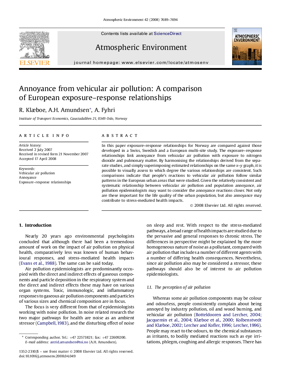 Annoyance from vehicular air pollution: A comparison of European exposure–response relationships